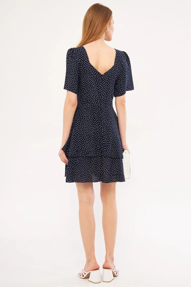 Women's Navy Blue Minus Dress Short Sleeve Skirt Layered Zippered Patterned Mini Size - 3