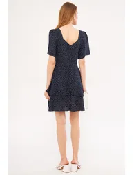 Women's Navy Blue Minus Dress Short Sleeve Skirt Layered Zippered Patterned Mini Size - 3