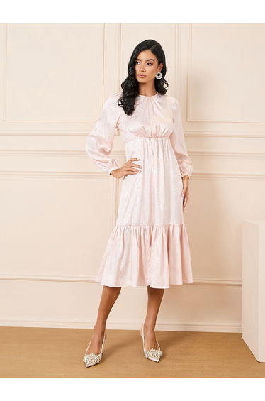 Jacquard Print Gathered Detail A-Line Midi Dress