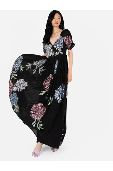 Maya Black Embellished Sweetheart Neck Maxi Dress