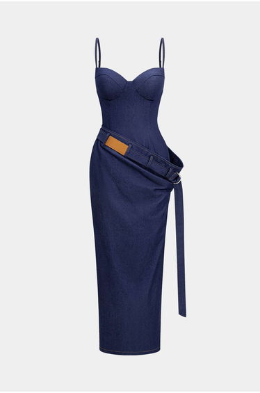 Denim Asymmetrical Ruched Bustier Belted Zipper Maxi Dress