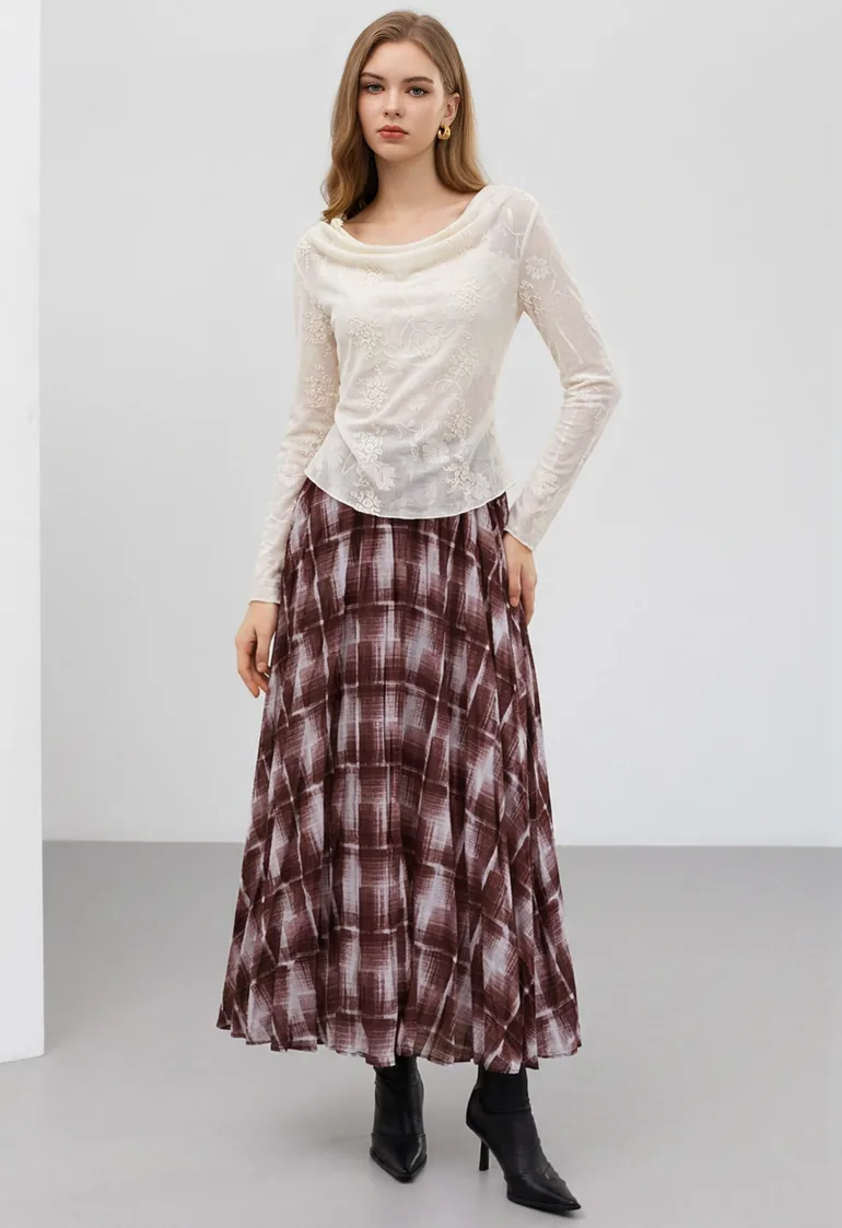 Muted‑Vintage Plaid Pleated Maxi Skirt for Casual Outings & Daily Errands - 1