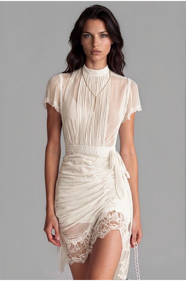 Rora Ruched Lace Mini Dress In White