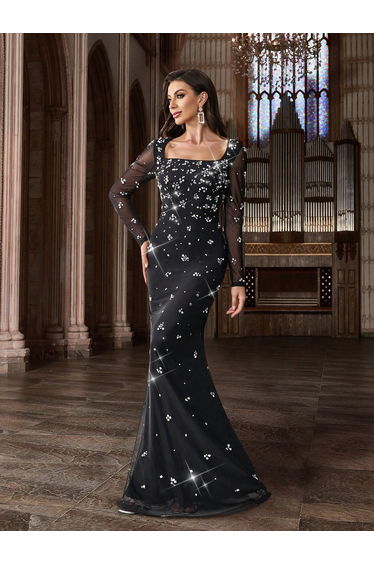 Fashion Design Hot Drill Rhinestone Women Evening Gown Chic Pearl Formal Dress