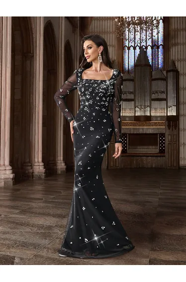 فستان QOQ أسود طول الأرض بقصة ميرمايد بأكمام طويلة