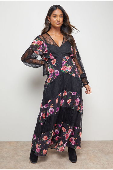 Printed Lace Panel Detail V Neck Midaxi Dress