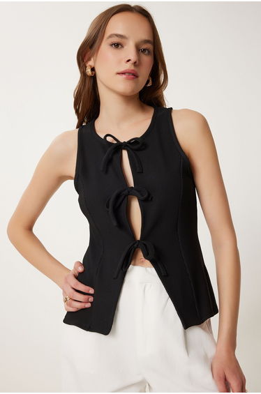 Women's Black Lace-Up Detailed Ribbed Knitted Blouse