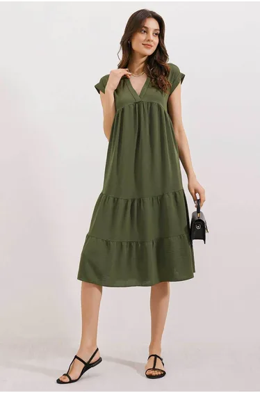 V Neck Flounce Dress - Khaki