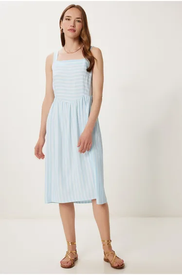 Women's Sky Blue Strap Striped Summer Crinkle Dress