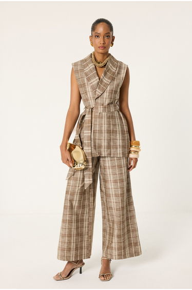 PLAID LINEN VEST TROUSERS SUIT