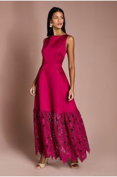 Petite Lace Hem Structured Satin Maxi Dress