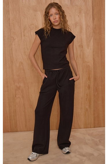 Black Rib Knit Short Sleeve Top