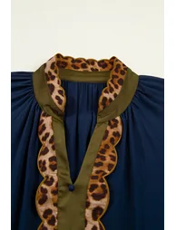 Lvness Navy Blue Button Detail Leopard Metallic Trim Short Sleeve Tunic Dress - 3