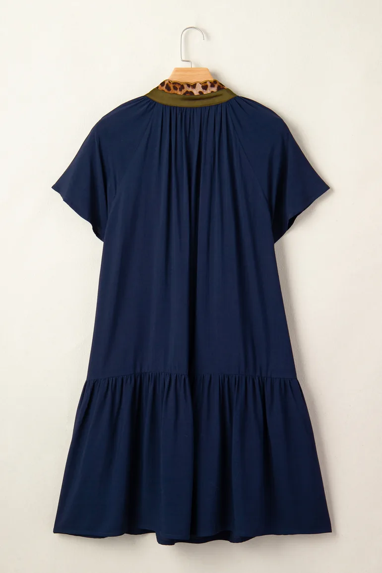 Lvness Navy Blue Button Detail Leopard Metallic Trim Short Sleeve Tunic Dress - 2