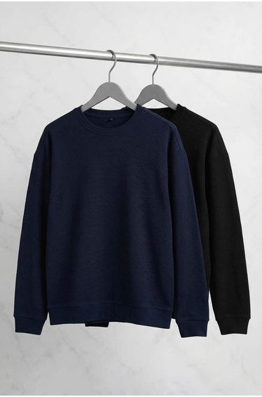Black-navy blue new oversize/wide mold 2-pack textured waffle sweatshirt