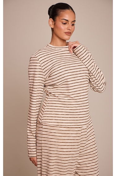 Plus Light Brown Soft Rib Striped Detail Fitted Long Sleeve Top
