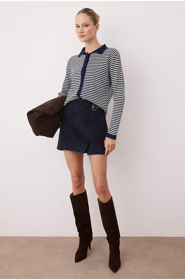 Navy Blue Striped Polo Neck Detailed Knitwear Cardigan