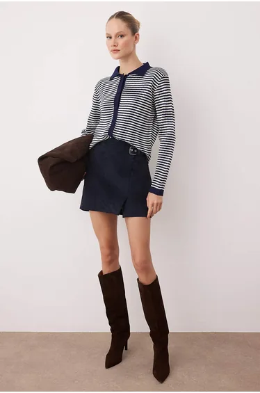 Navy Blue Striped Polo Neck Detailed Knitwear Cardigan