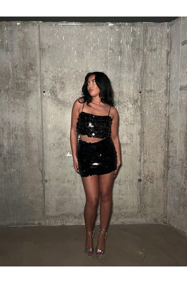 Black-Sequin Crop-Top