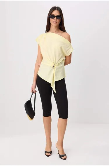 Yellow Boat Neck Fitted Buckle Detailed Woven Blouse