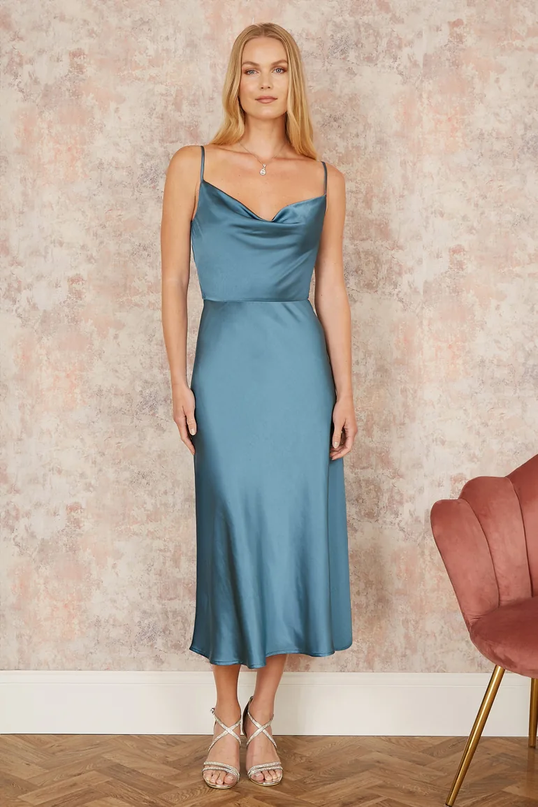 Yumi Blue Satin Cowl Neck Midi Slip Dress - 3