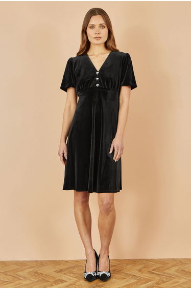 Yumi Black Velvet Skater Dress With Dimante Bow Detail