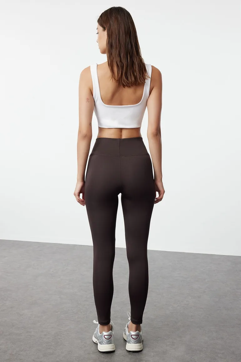 Dark Brown Wide Waist Elastic Extra Compression Full Length Knitted Sports Leggings - 2