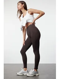 Dark Brown Wide Waist Elastic Extra Compression Full Length Knitted Sports Leggings - 3