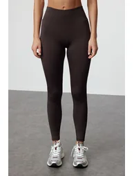 Dark Brown Wide Waist Elastic Extra Compression Full Length Knitted Sports Leggings - 5