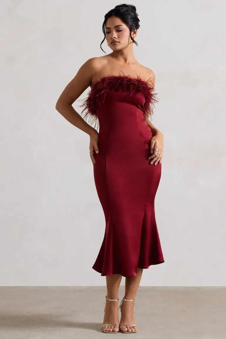 One And Only | Berry Satin Feather Trim Midaxi Dress