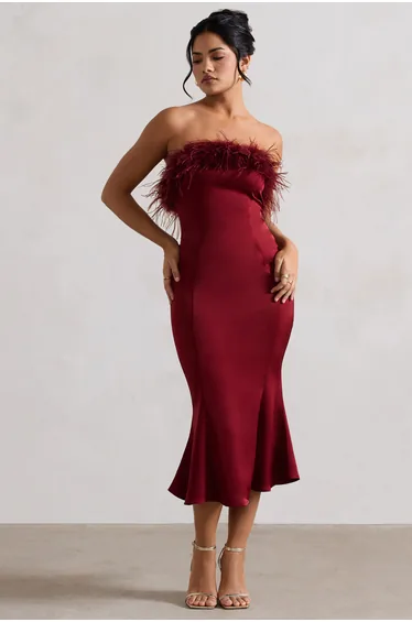 One And Only | Berry Satin Feather Trim Midaxi Dress