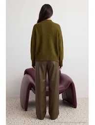 Oil Green Wide Fit Soft Textured High Neck Knitwear Sweater - 4