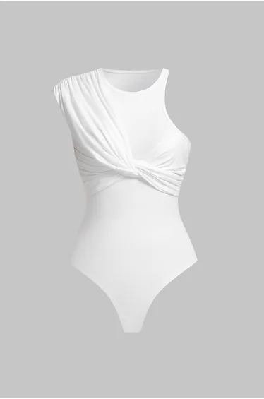 Round Neck Ruched Asymmetrical Sleeveless Bodysuit