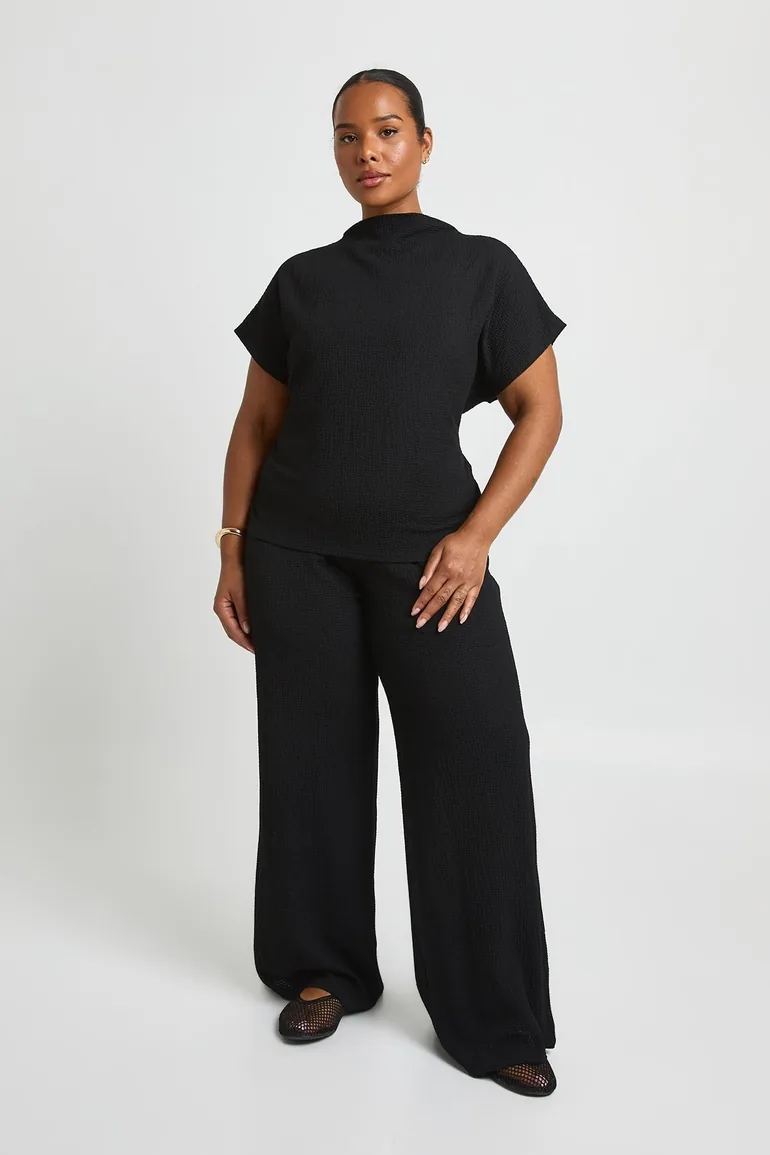 Plus Crinkle Tie Back Top Wide Leg Trouser Co ord - black