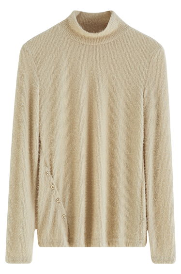 Fuzzy Mock Neck Knit Top in Light Tan