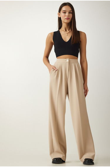 Women's Cream Pleated Palazzo Trousers
