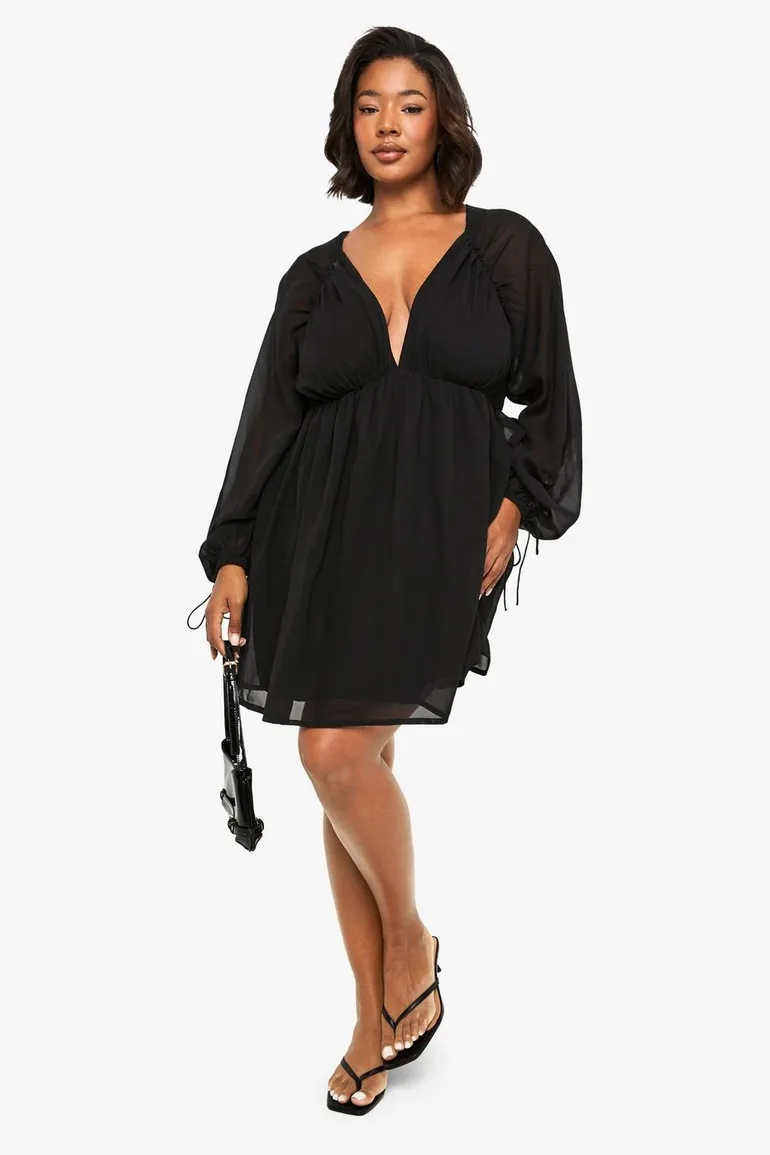 Plus Chiffon Volume Sleeve Skater Dress - black