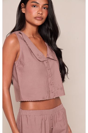Brown Collared Embroidered Detail Crop Top Co-ord