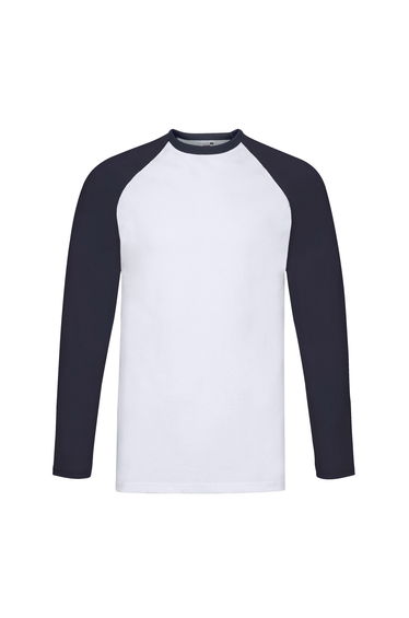 Fruit of the Loom Mens Contrast Long-Sleeved Baseball T-Shirt - White/Deep Navy