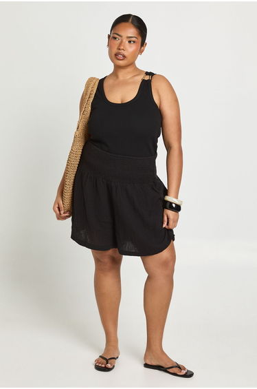Plus Cheesecloth Shirred Waistband Short - black