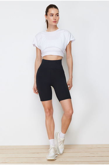 Black Gathering Ribbed And Reflector Print Detail Sports Biker/Cycling Tights