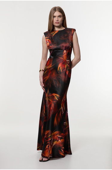 Satin Strong Shoulder Woven Maxi Dress