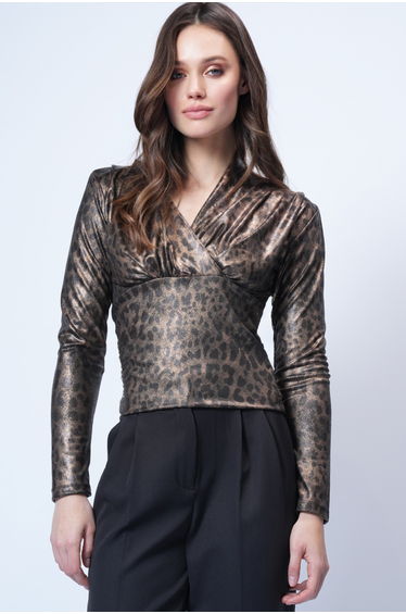 Women's Leopard Double-Breasted Cut V-Neck Sandy Blouse with Corset Waist