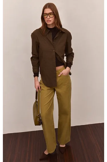 بنطلون دينيم جينز بأرجل مستقيمة بخصر وسط - أخضر