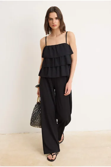 Black Regular Thin Strap Sleeveless Wide Leg Textured Knitted Top and Bottom Set