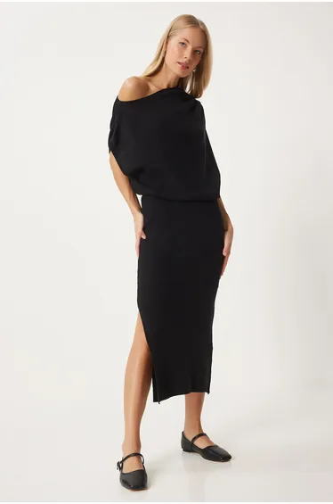 Women's Black One Shoulder Blouse Knitwear Skirt Set