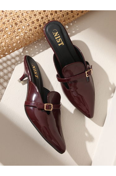 Buckle Detail Pointed Toe Kitten Heel Mules
