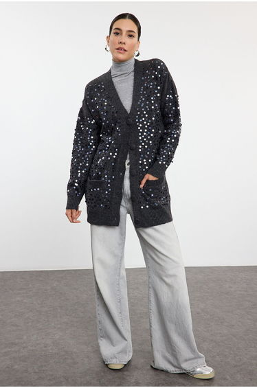 Anthracite Wool Sequin Embroidered Knitted Cardigan