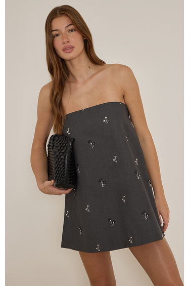 Grey Woven Bandeau Embellished Smock Dress