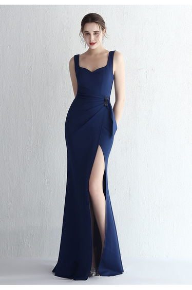 Ruched Waist High Slit Gown in Navy